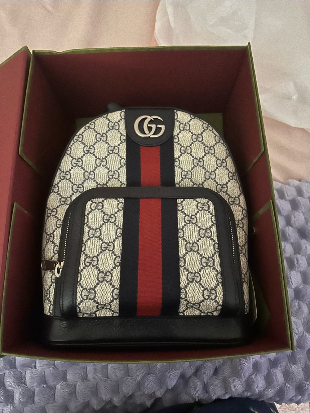 Gucci Beige Monogram Backpack with Red and Blue Stripe